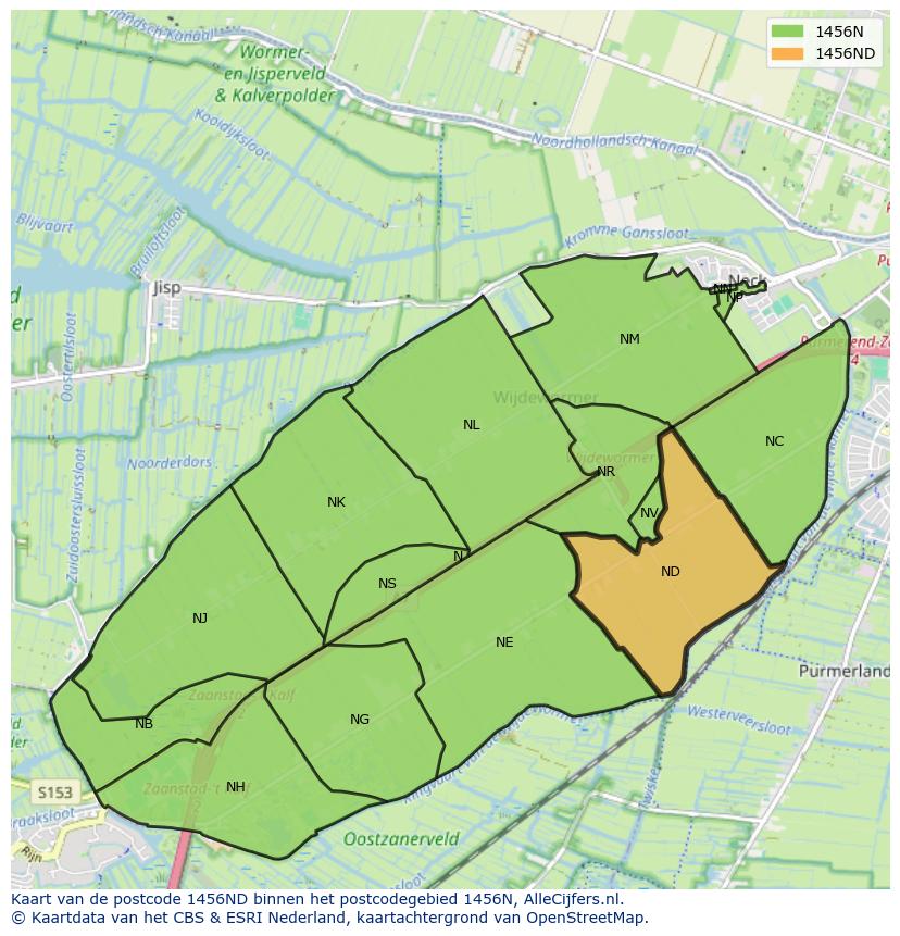 Afbeelding van het postcodegebied 1456 ND op de kaart.