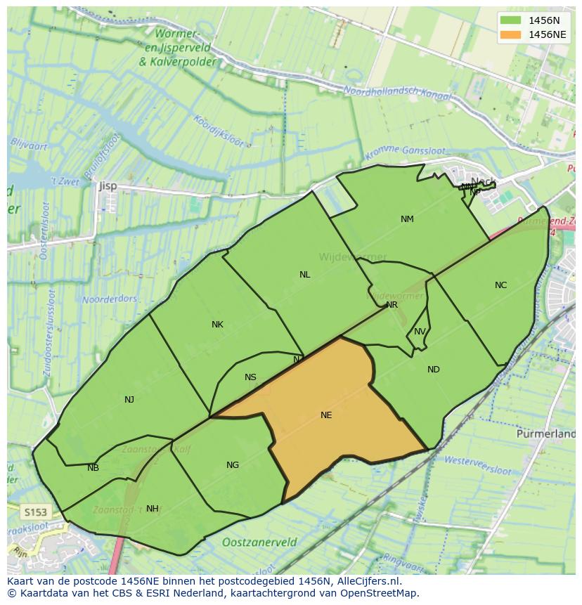 Afbeelding van het postcodegebied 1456 NE op de kaart.