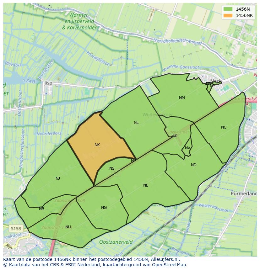 Afbeelding van het postcodegebied 1456 NK op de kaart.