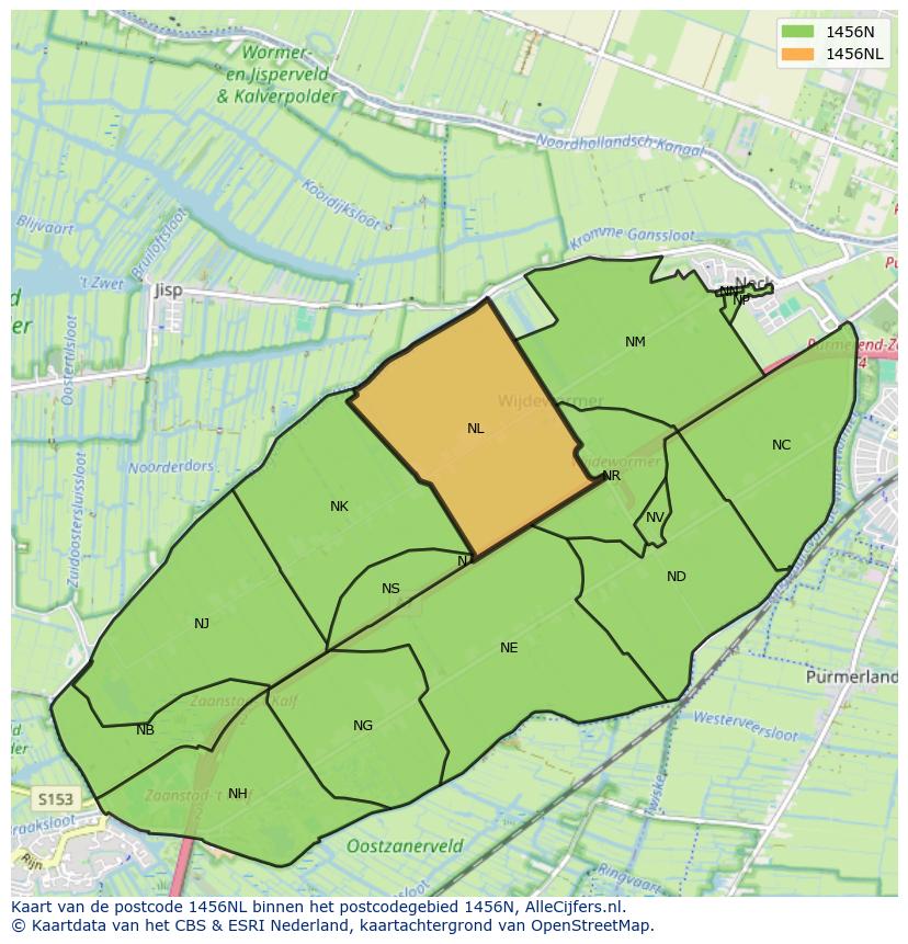 Afbeelding van het postcodegebied 1456 NL op de kaart.