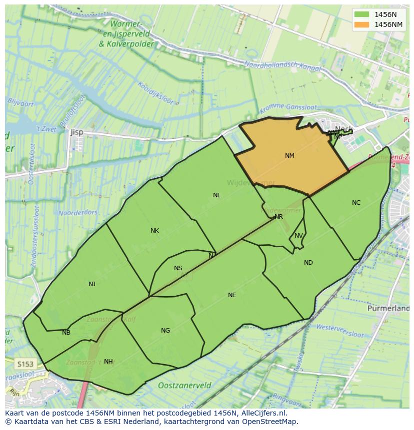 Afbeelding van het postcodegebied 1456 NM op de kaart.