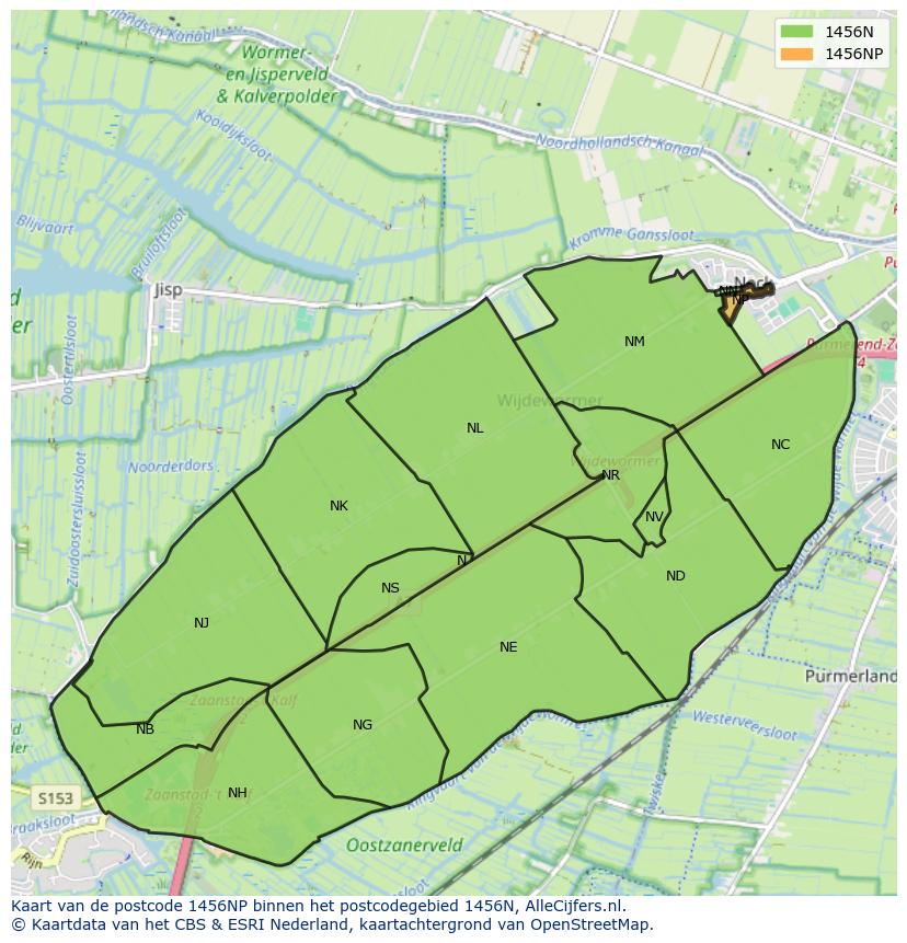 Afbeelding van het postcodegebied 1456 NP op de kaart.