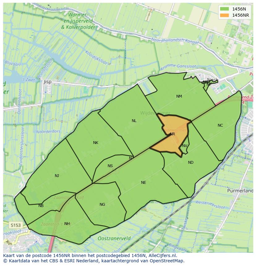 Afbeelding van het postcodegebied 1456 NR op de kaart.