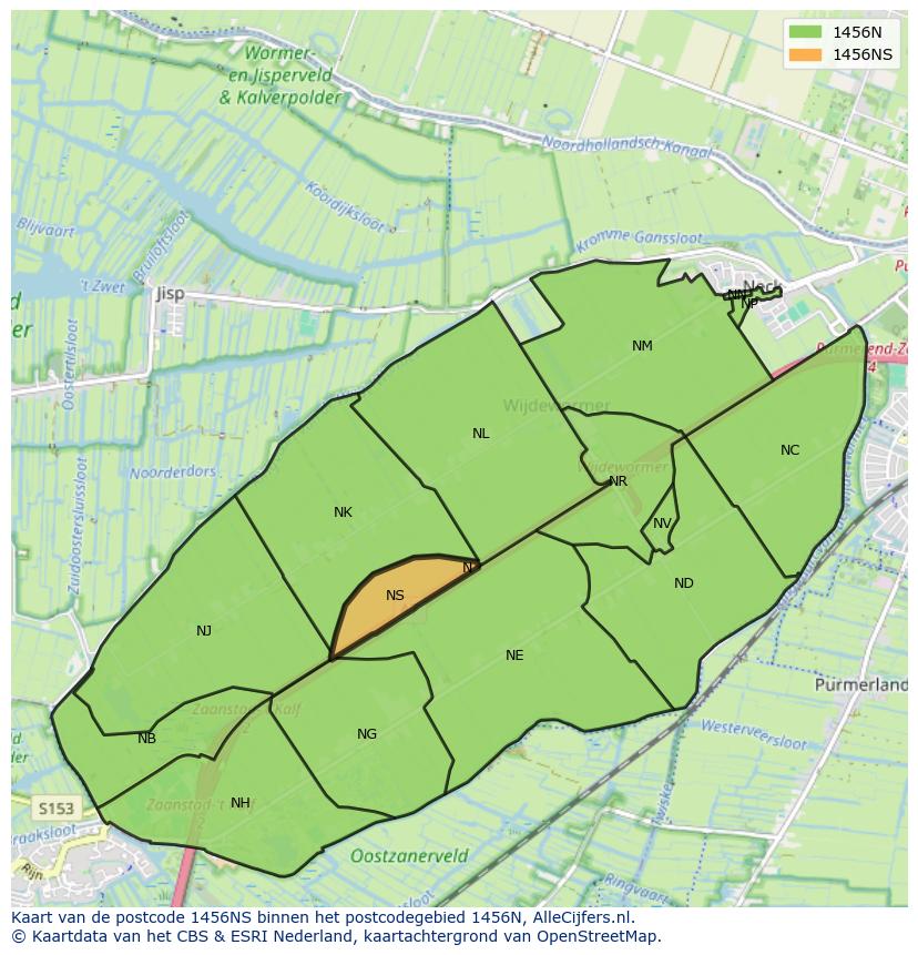 Afbeelding van het postcodegebied 1456 NS op de kaart.