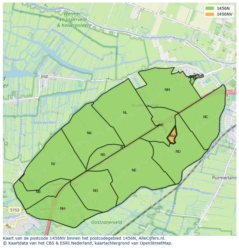 Afbeelding van het postcodegebied 1456 NV op de kaart.