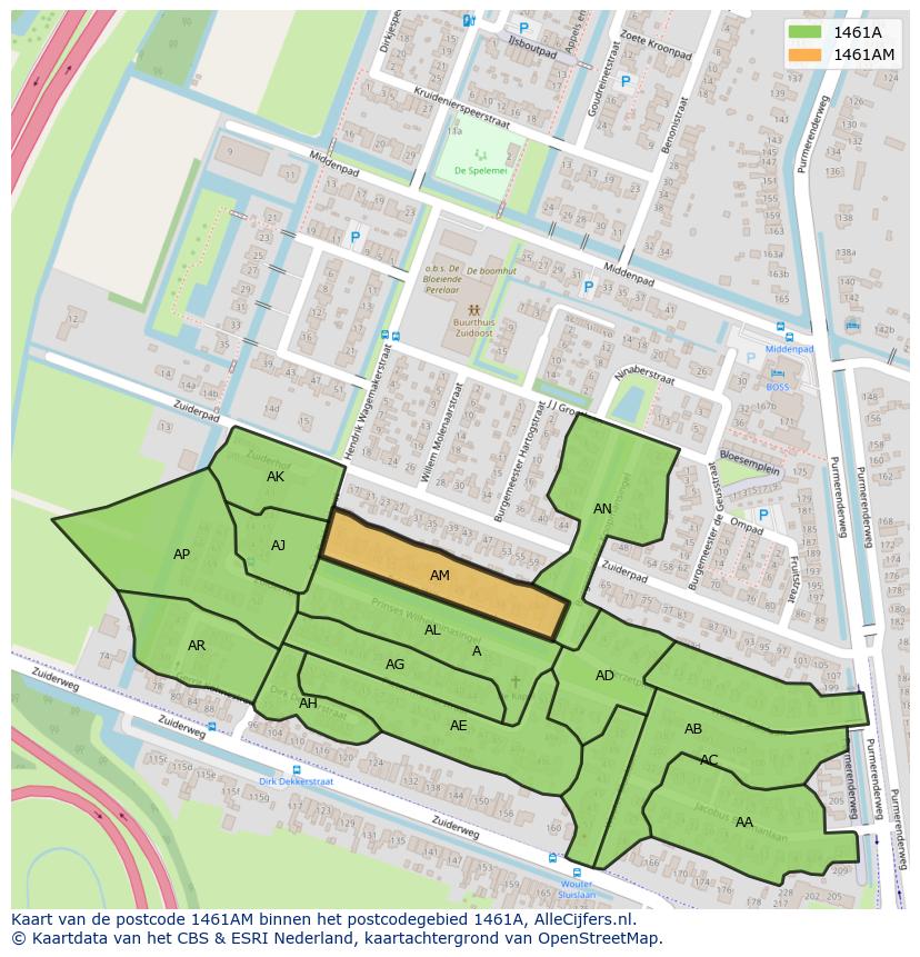 Afbeelding van het postcodegebied 1461 AM op de kaart.