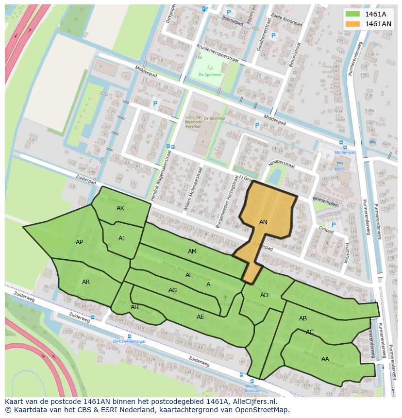 Afbeelding van het postcodegebied 1461 AN op de kaart.