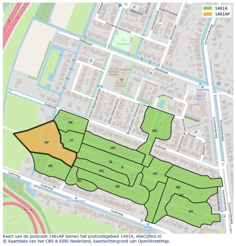 Afbeelding van het postcodegebied 1461 AP op de kaart.