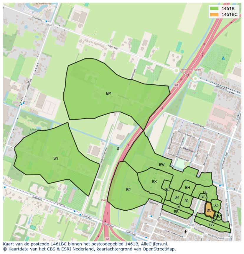 Afbeelding van het postcodegebied 1461 BC op de kaart.