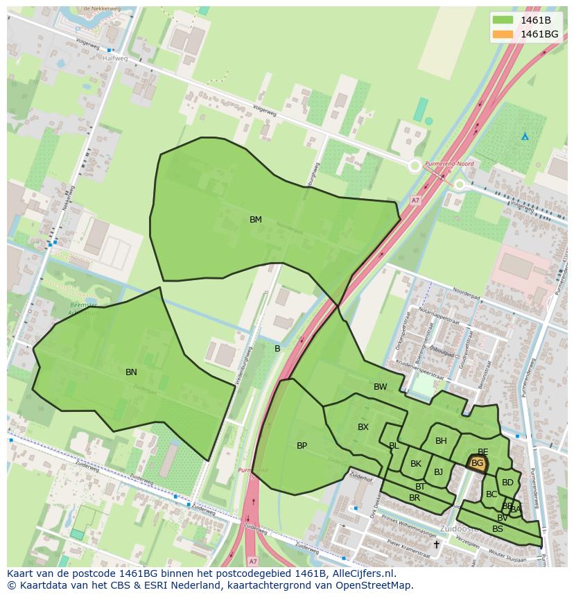 Afbeelding van het postcodegebied 1461 BG op de kaart.
