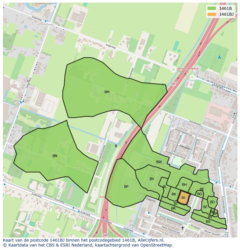 Afbeelding van het postcodegebied 1461 BJ op de kaart.