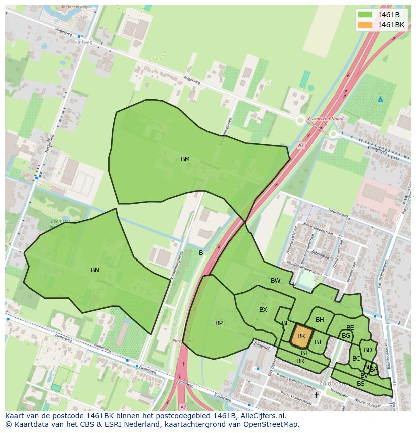 Afbeelding van het postcodegebied 1461 BK op de kaart.