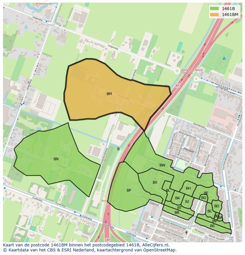 Afbeelding van het postcodegebied 1461 BM op de kaart.