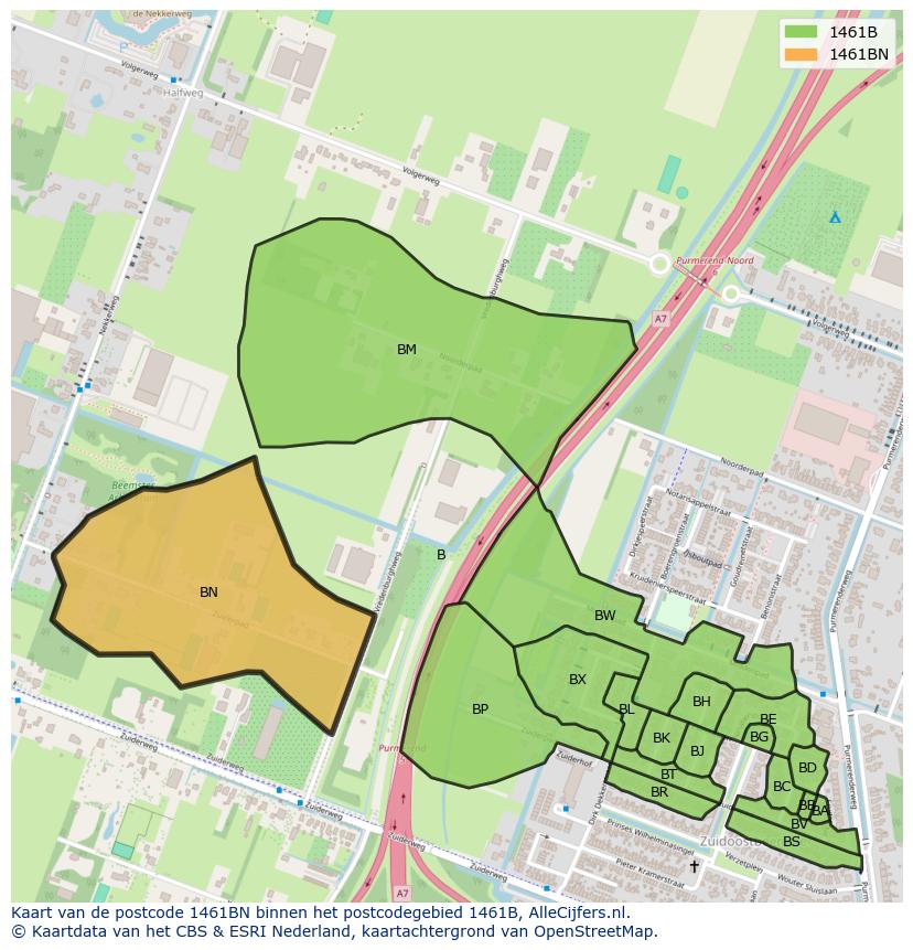 Afbeelding van het postcodegebied 1461 BN op de kaart.