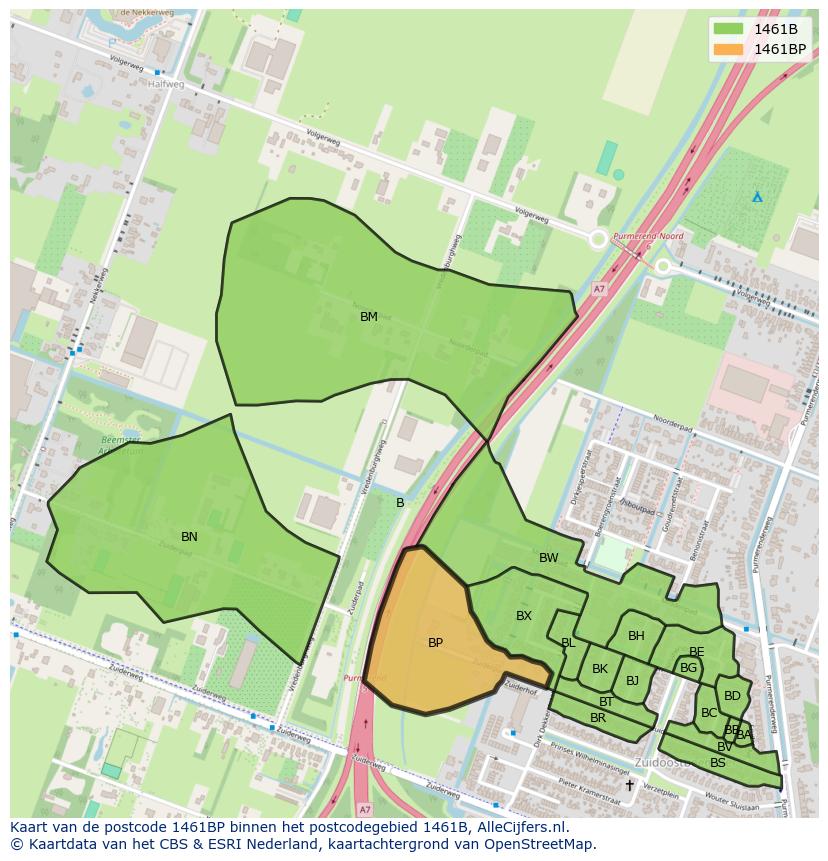 Afbeelding van het postcodegebied 1461 BP op de kaart.