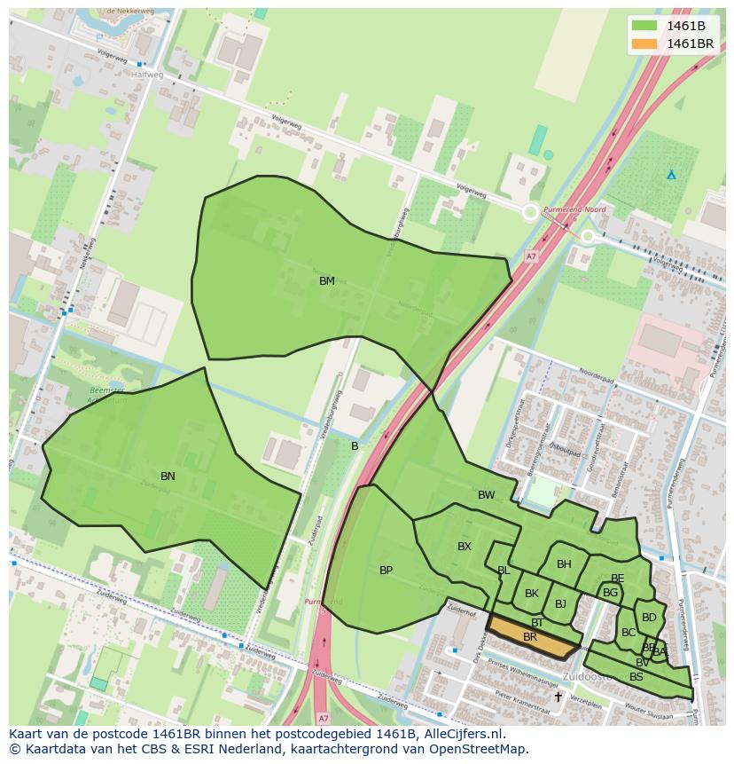 Afbeelding van het postcodegebied 1461 BR op de kaart.