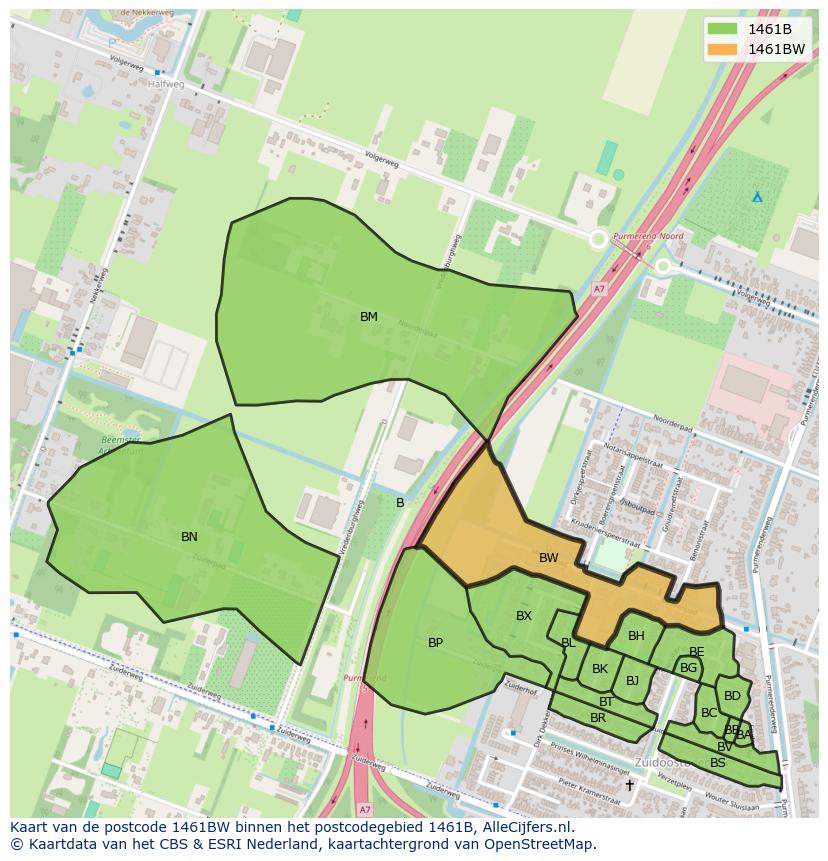 Afbeelding van het postcodegebied 1461 BW op de kaart.