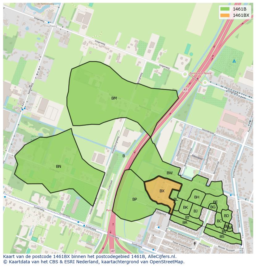 Afbeelding van het postcodegebied 1461 BX op de kaart.