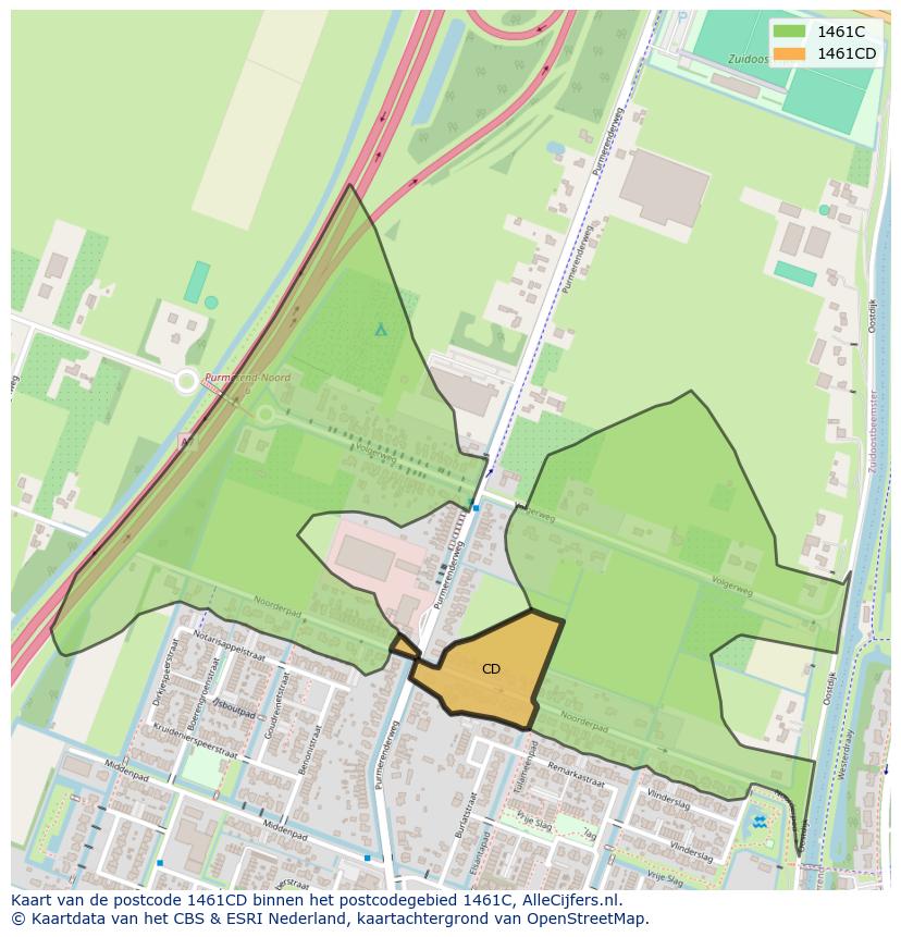 Afbeelding van het postcodegebied 1461 CD op de kaart.