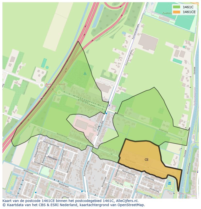 Afbeelding van het postcodegebied 1461 CE op de kaart.