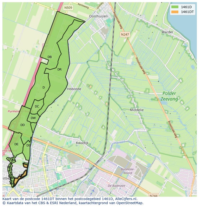 Afbeelding van het postcodegebied 1461 DT op de kaart.