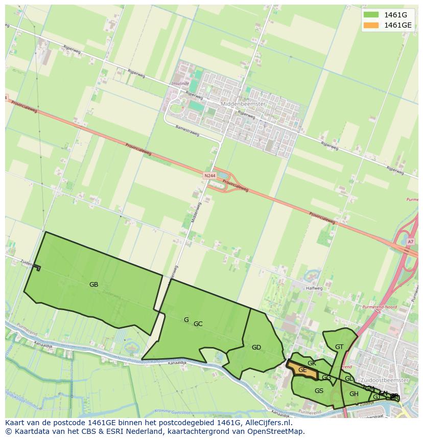 Afbeelding van het postcodegebied 1461 GE op de kaart.