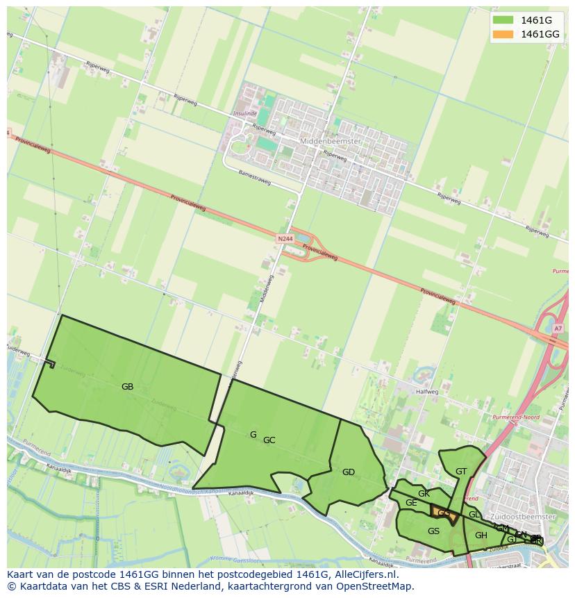 Afbeelding van het postcodegebied 1461 GG op de kaart.