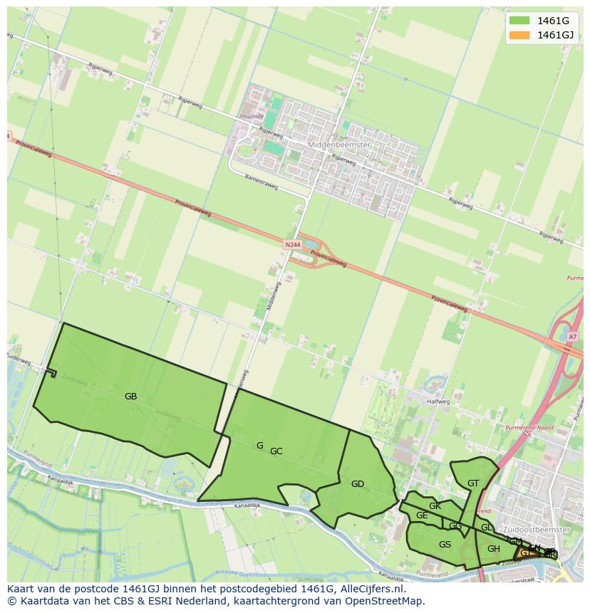 Afbeelding van het postcodegebied 1461 GJ op de kaart.