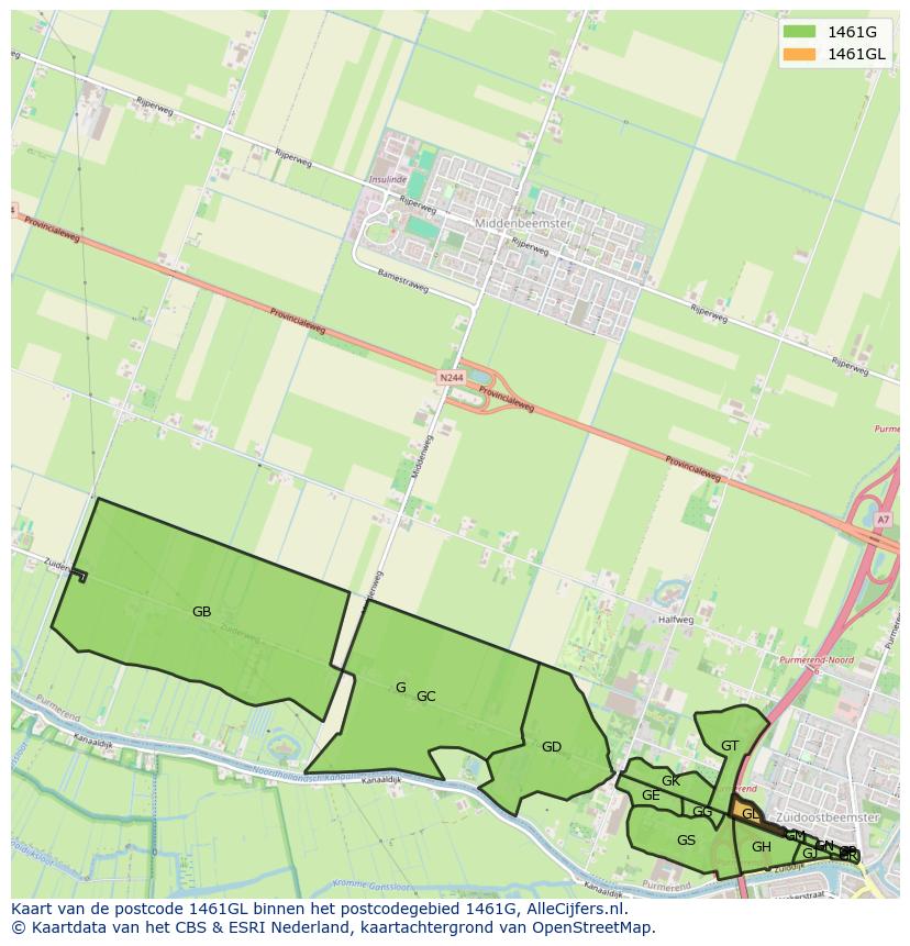 Afbeelding van het postcodegebied 1461 GL op de kaart.