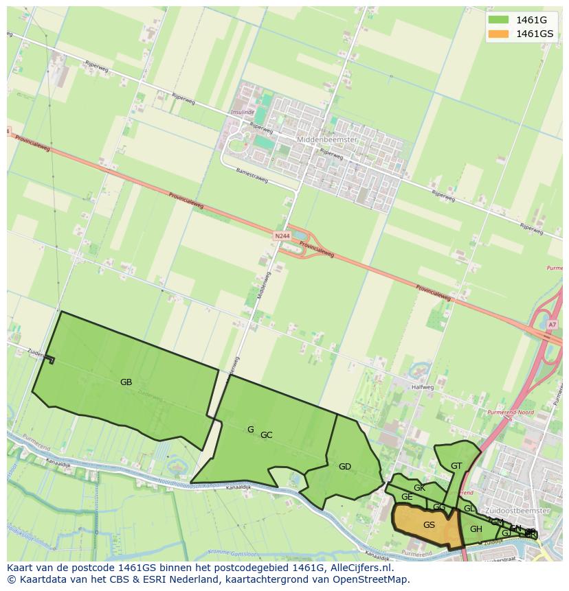 Afbeelding van het postcodegebied 1461 GS op de kaart.