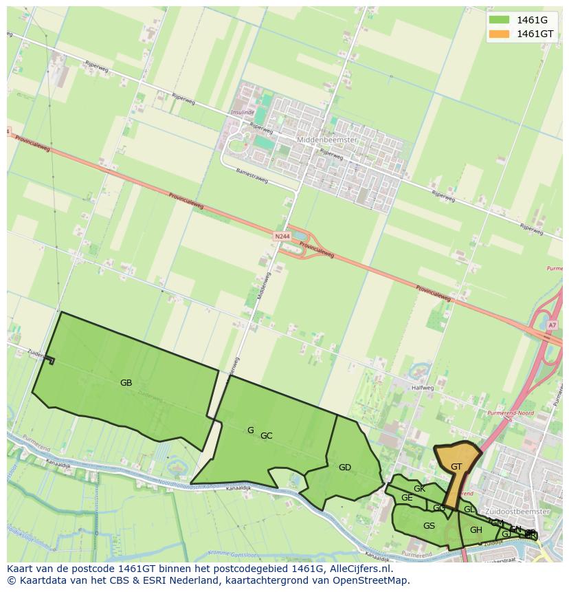 Afbeelding van het postcodegebied 1461 GT op de kaart.