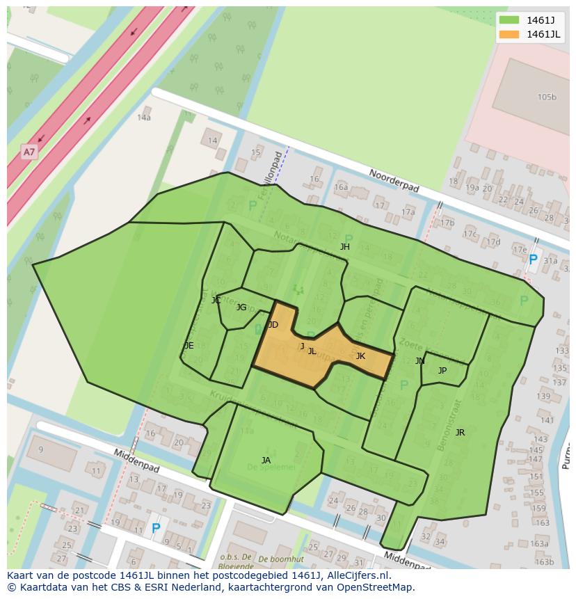 Afbeelding van het postcodegebied 1461 JL op de kaart.