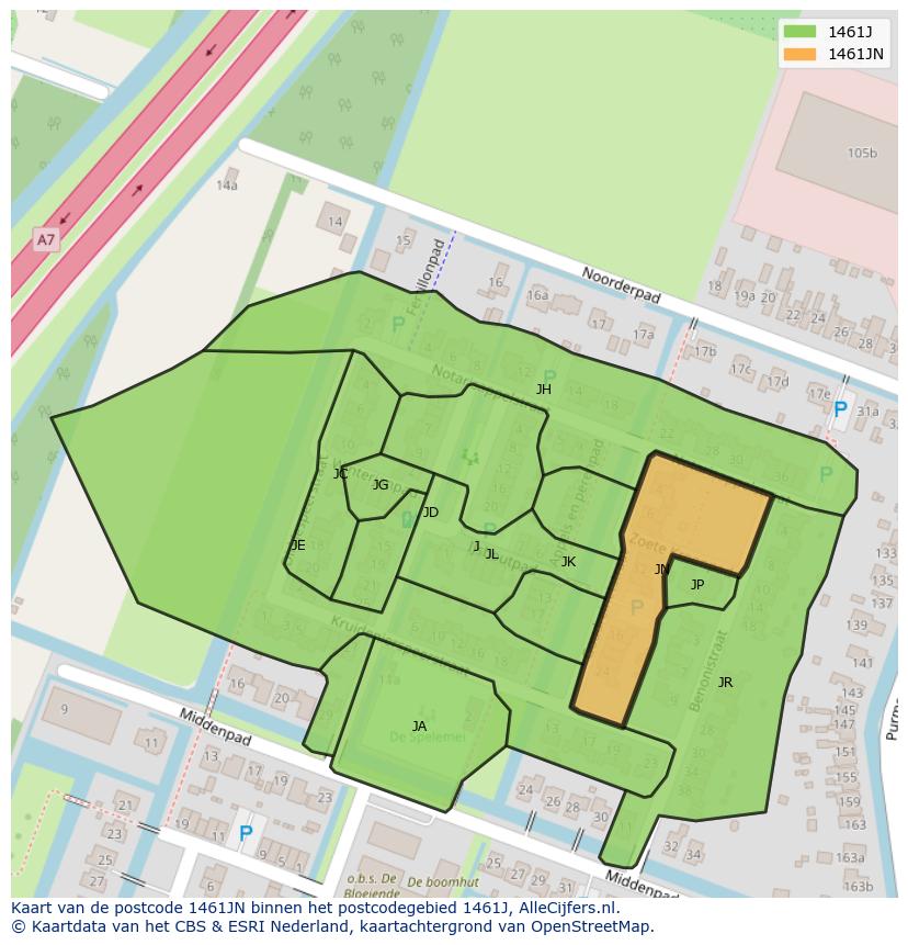 Afbeelding van het postcodegebied 1461 JN op de kaart.