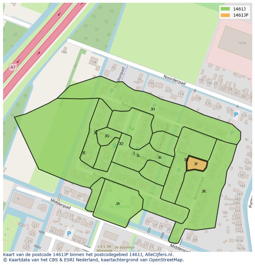 Afbeelding van het postcodegebied 1461 JP op de kaart.