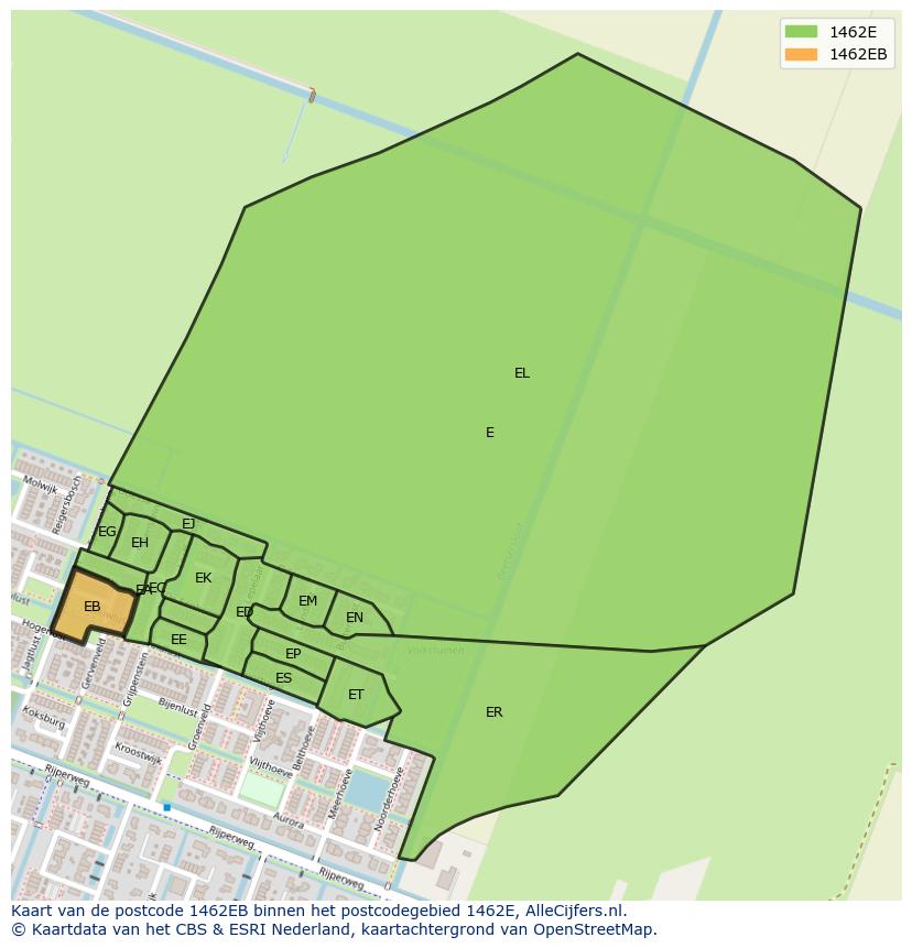 Afbeelding van het postcodegebied 1462 EB op de kaart.