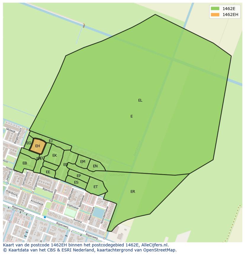 Afbeelding van het postcodegebied 1462 EH op de kaart.