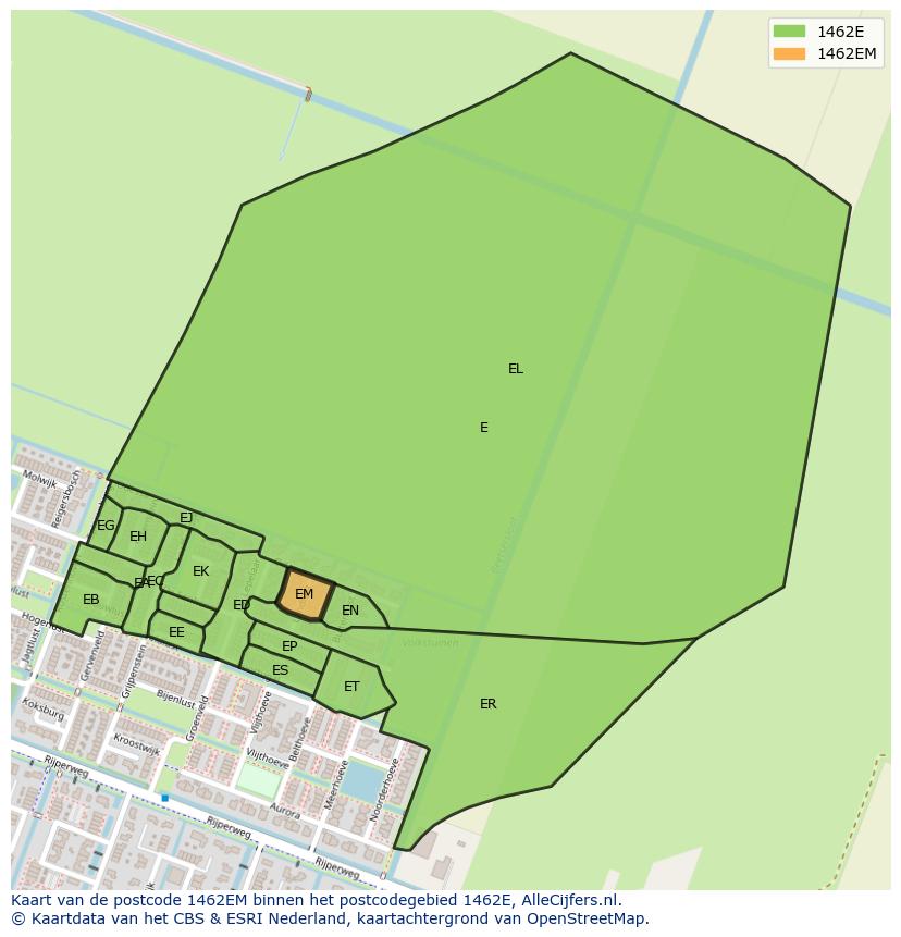 Afbeelding van het postcodegebied 1462 EM op de kaart.
