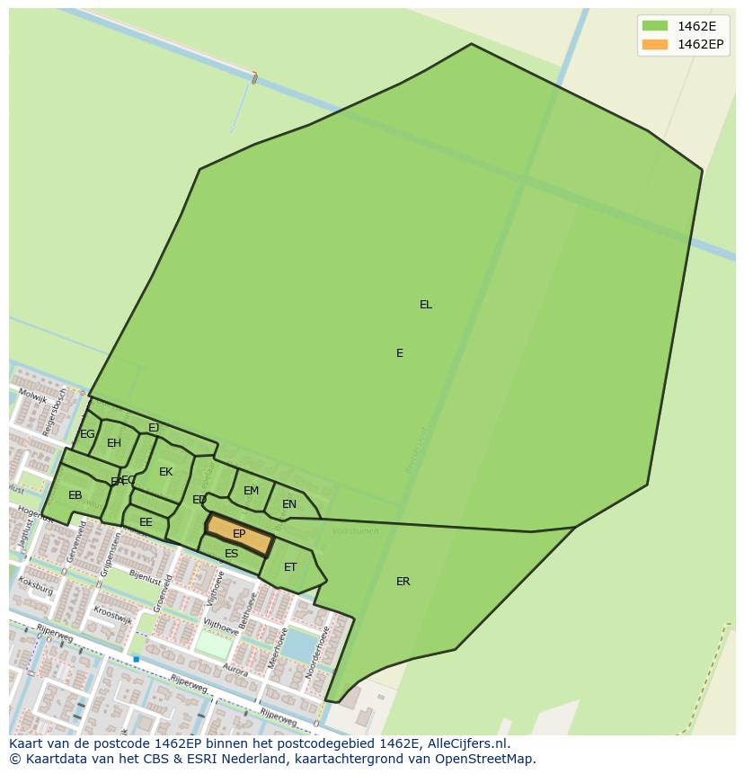 Afbeelding van het postcodegebied 1462 EP op de kaart.