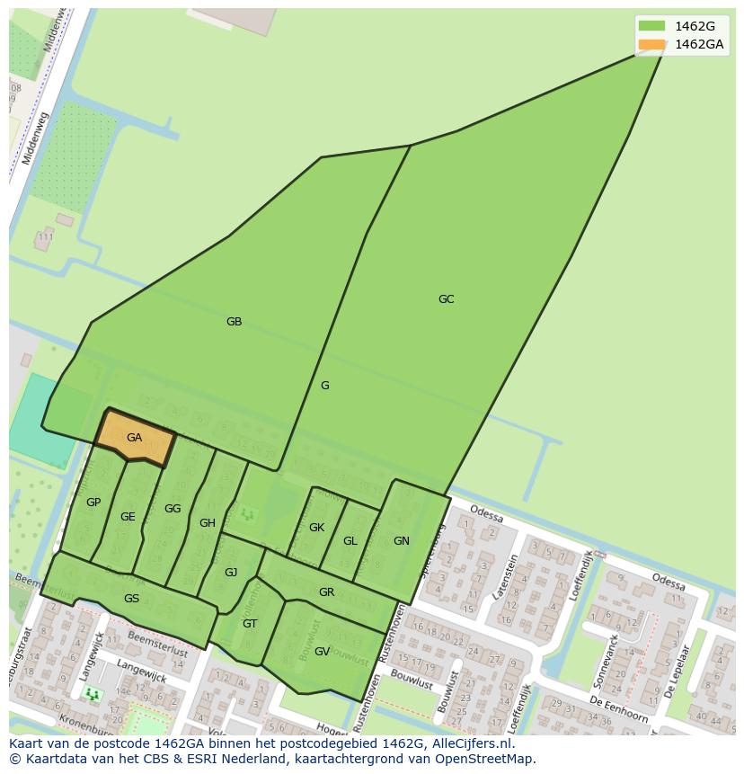 Afbeelding van het postcodegebied 1462 GA op de kaart.
