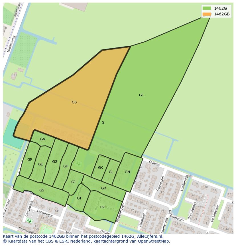 Afbeelding van het postcodegebied 1462 GB op de kaart.
