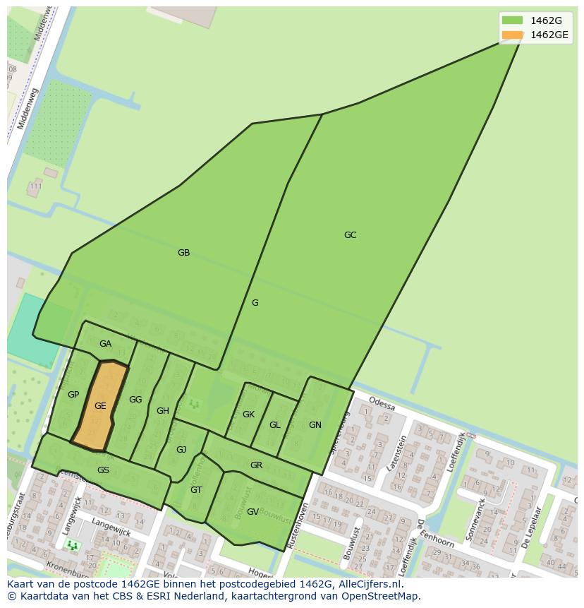 Afbeelding van het postcodegebied 1462 GE op de kaart.