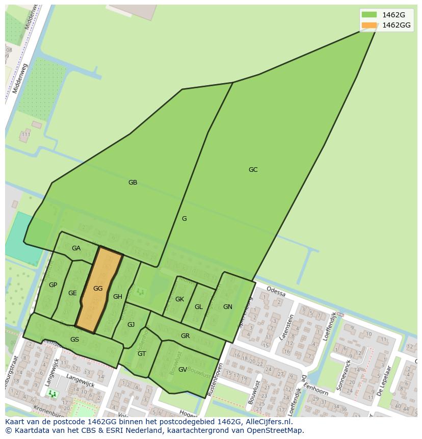 Afbeelding van het postcodegebied 1462 GG op de kaart.