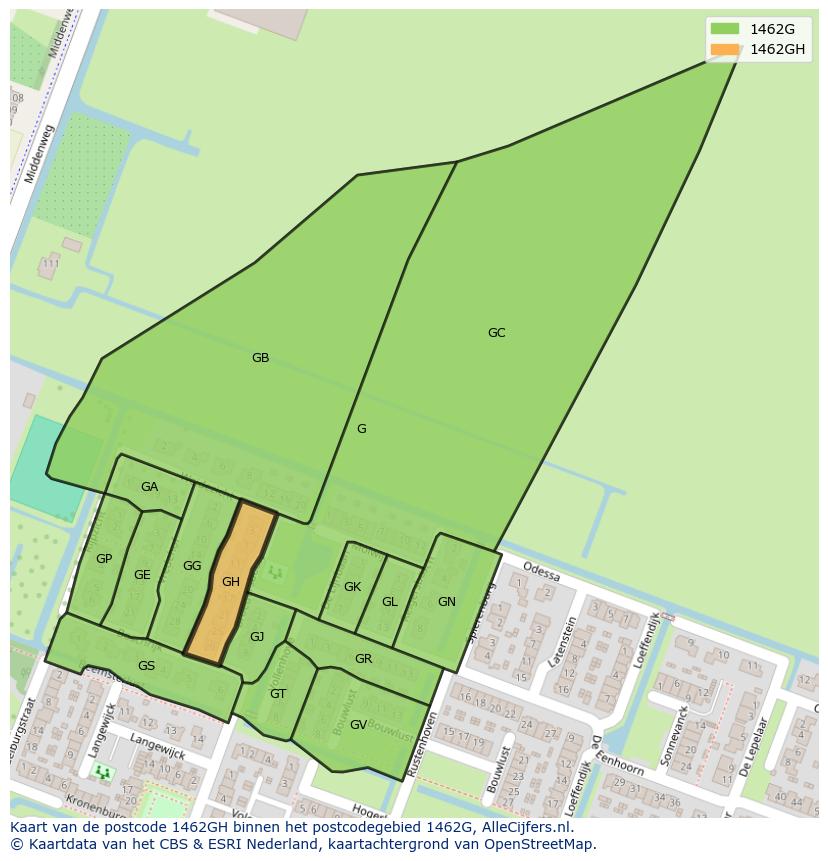 Afbeelding van het postcodegebied 1462 GH op de kaart.