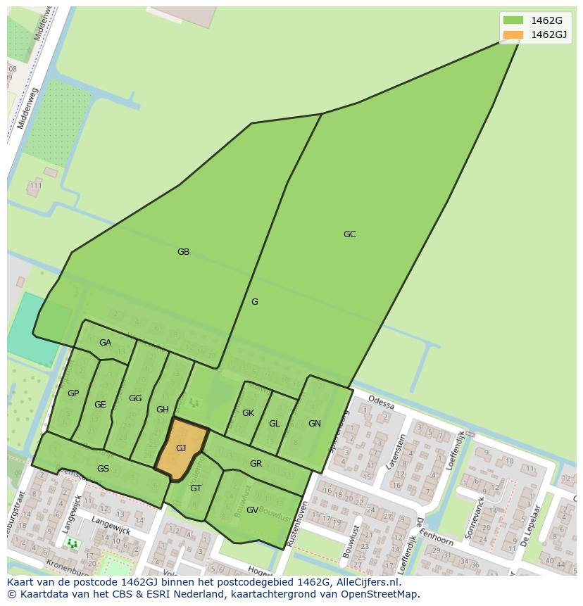 Afbeelding van het postcodegebied 1462 GJ op de kaart.