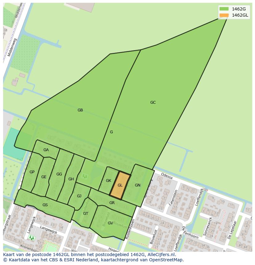 Afbeelding van het postcodegebied 1462 GL op de kaart.