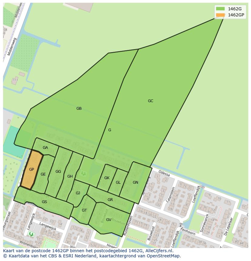 Afbeelding van het postcodegebied 1462 GP op de kaart.