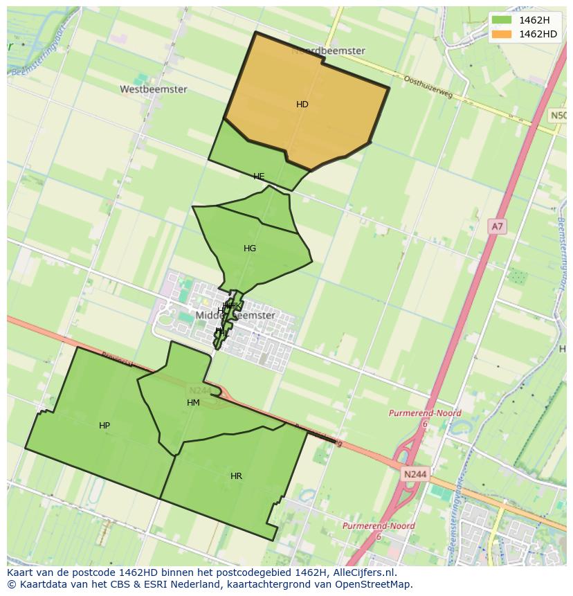 Afbeelding van het postcodegebied 1462 HD op de kaart.