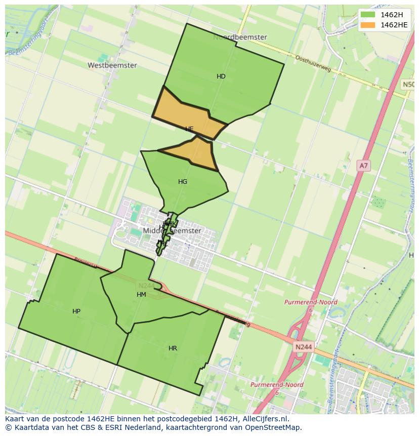 Afbeelding van het postcodegebied 1462 HE op de kaart.