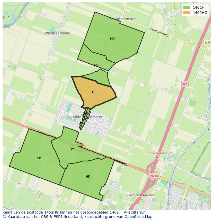 Afbeelding van het postcodegebied 1462 HG op de kaart.
