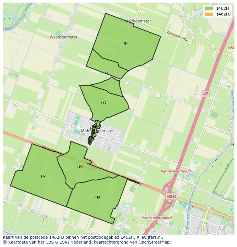 Afbeelding van het postcodegebied 1462 HJ op de kaart.